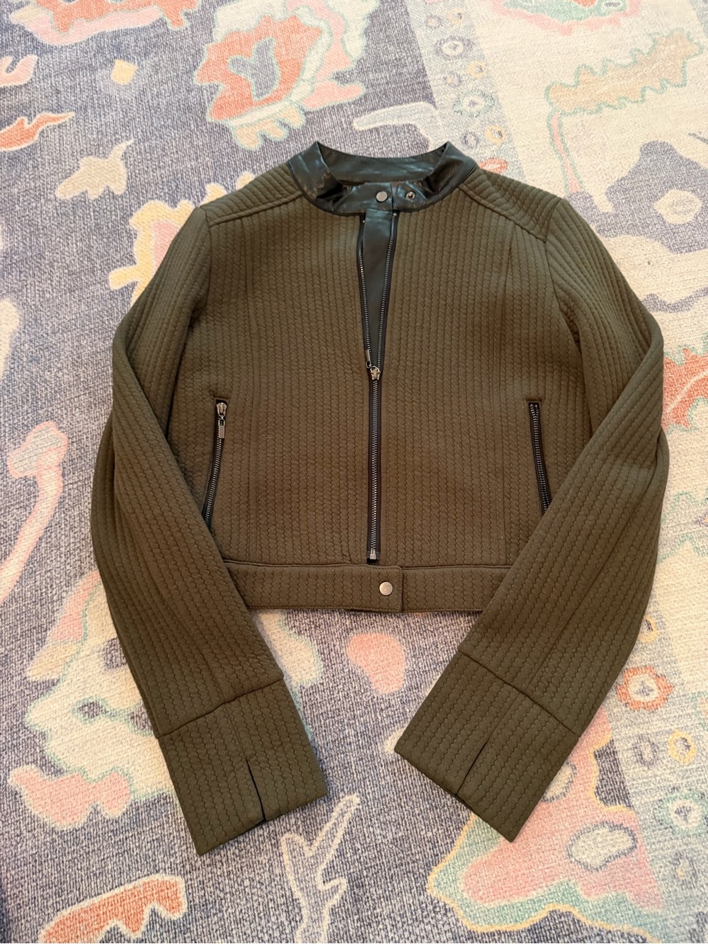 Lysse Olive Green Quilted Moto Jacket with Black Trim